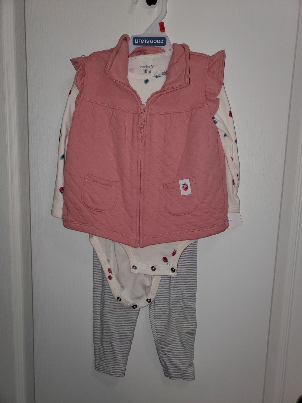 Carter's Pink Quilted Vest Bodysuit And Pant Set 18m